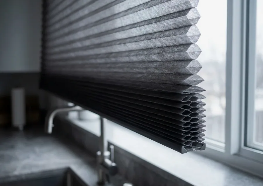 Cellular honeycomb blind showing its air-pocket cells at a window edge