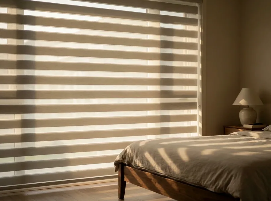 Day-night blind with alternating sheer and solid bands across a bedroom window