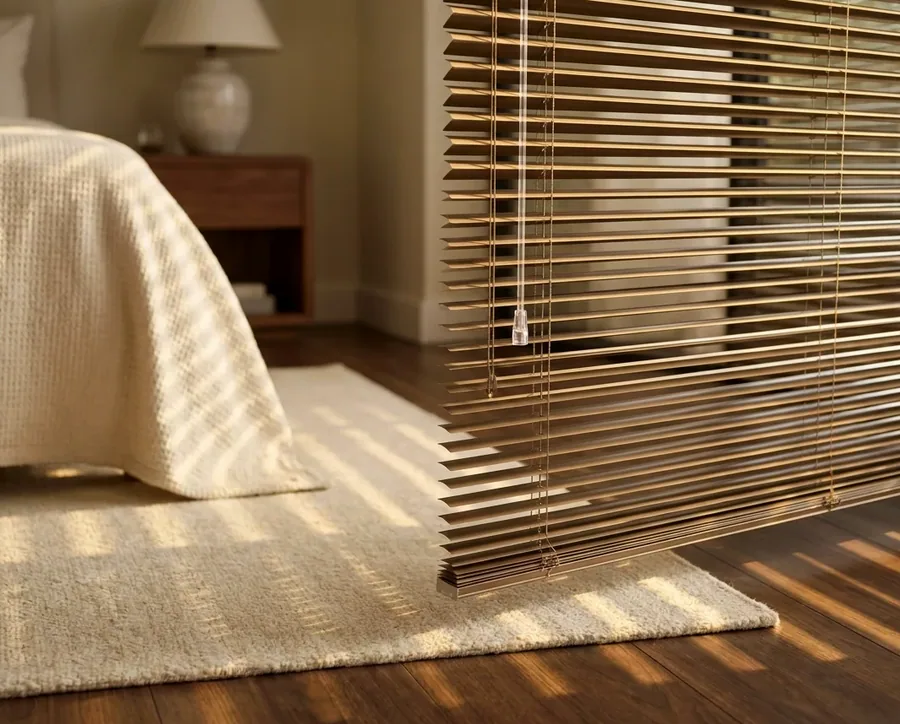Close-up of aluminium venetian slats laying warm bars of light across a rug