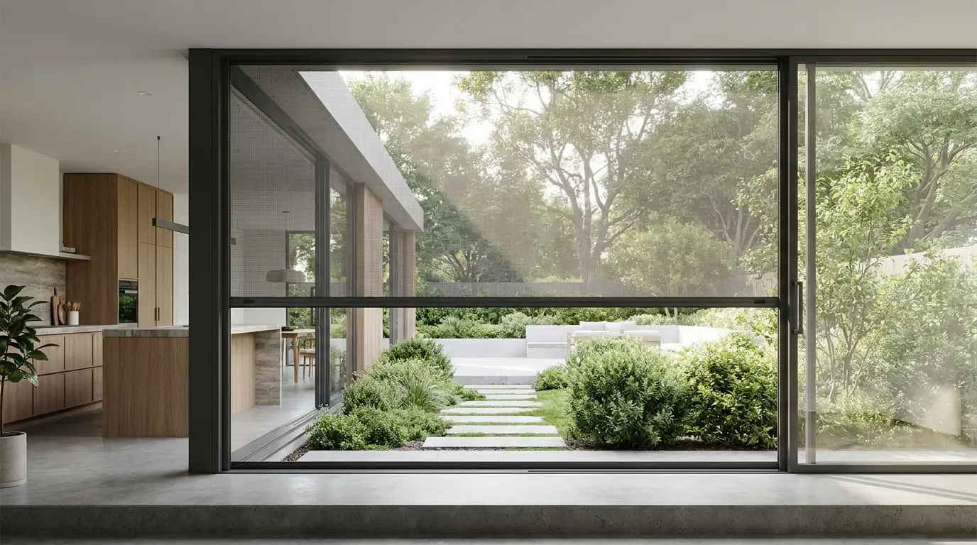 A mesh zip screen fully lowered across a wide glass sliding door opening of a modern kitchen extension, viewed from inside looking toward a landscaped garden