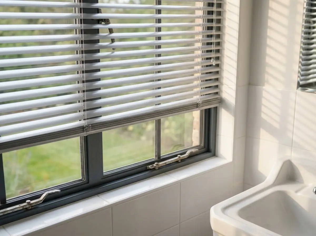 Slim aluminium venetian blind fitted inside a steel-framed bathroom window, slats tilted for privacy, soft morning light through the gaps