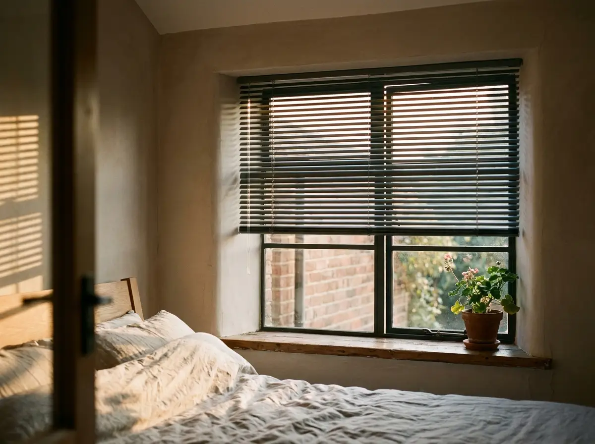 Slim aluminium venetian blind fitted inside a steel-framed bedroom window, slats closed for privacy, warm late-afternoon light through the gaps