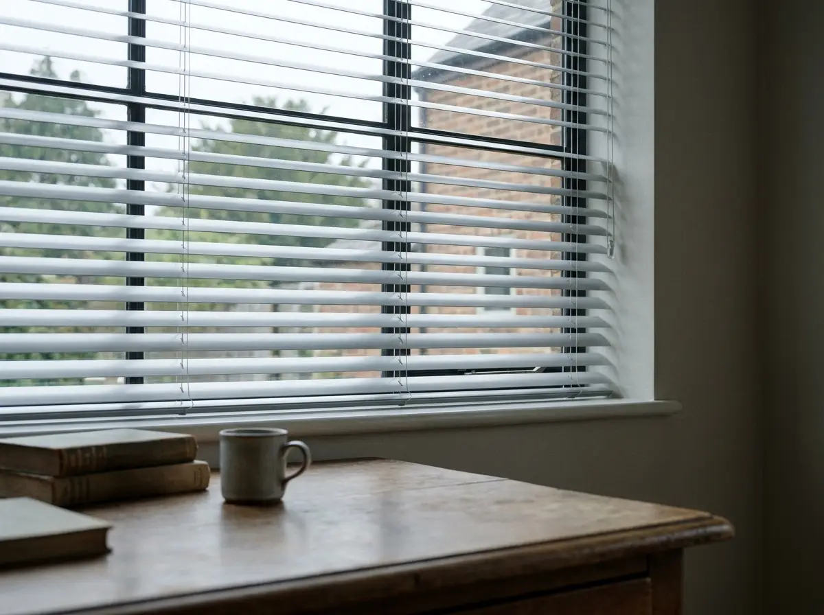 Slim aluminium venetian blind fitted inside a steel-framed study window, slats tilted for cool north light, desk edge visible below