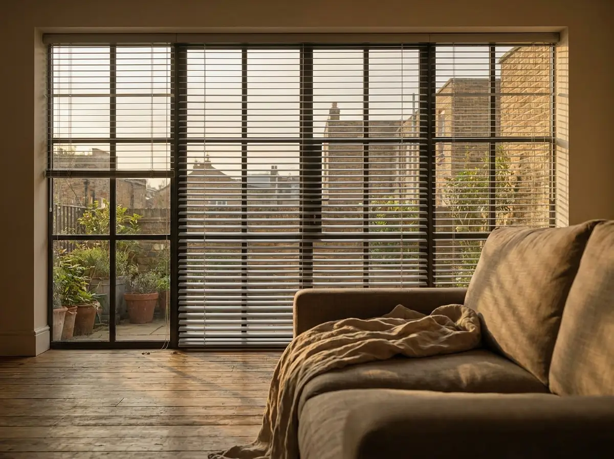 Slim aluminium venetian blind fitted inside a wide steel-framed living room window, slats tilted open, warm evening light across a wooden floor
