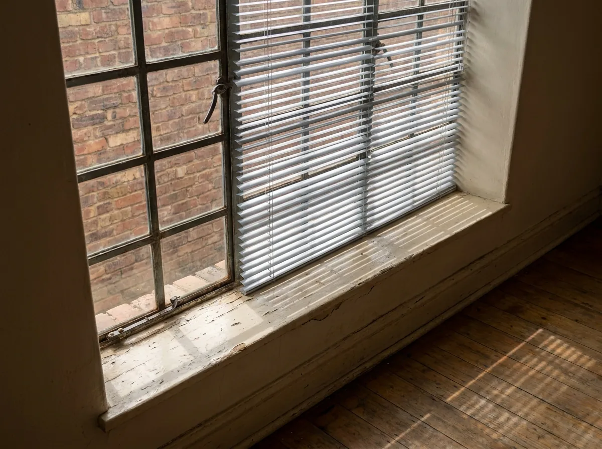 Slim aluminium venetian blind fitted inside the reveal of an original steel-framed casement window, slats tilted so light falls in bars across the sill