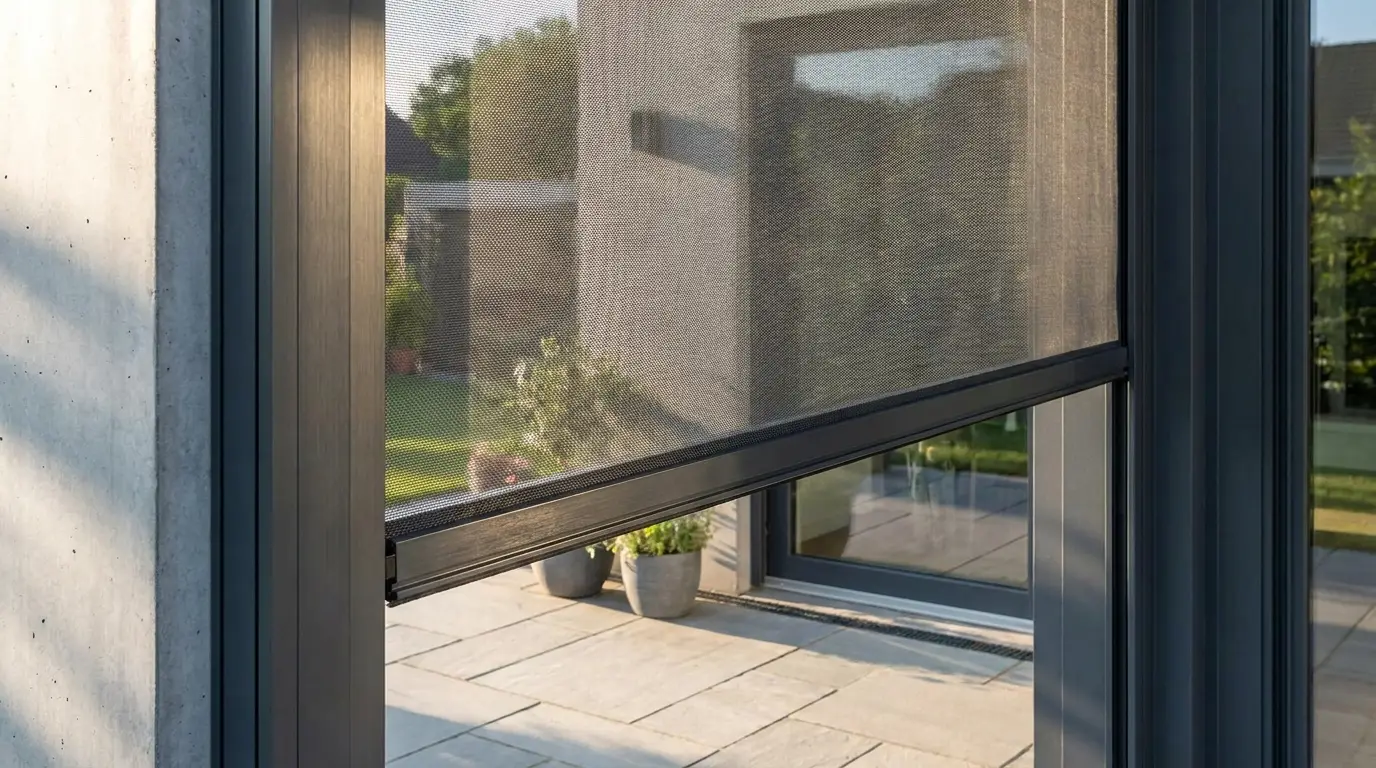Close-up of an exterior zip screen mesh held taut in its slim aluminium side channel, morning light on the fabric weave and hardware track