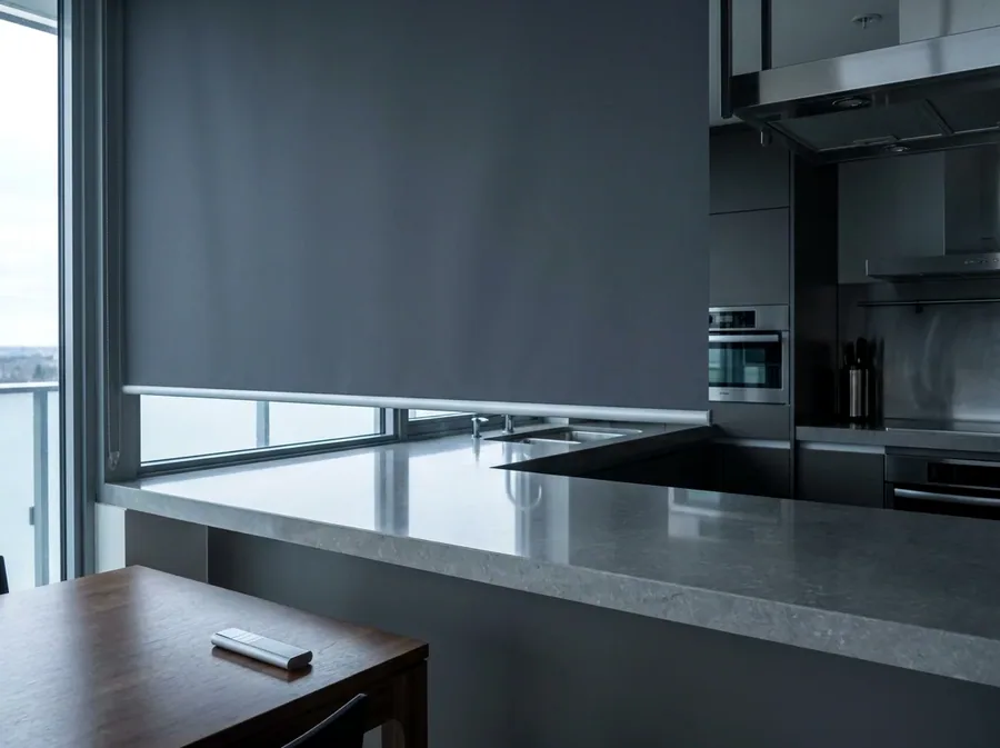 Motorised roller blind lowered in a kitchen with its remote on the table