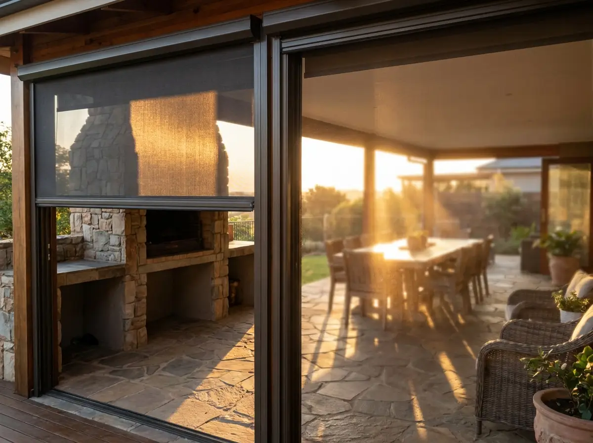 Mesh zip screen partially raised on a covered patio track beside a braai area, evening light through the mesh