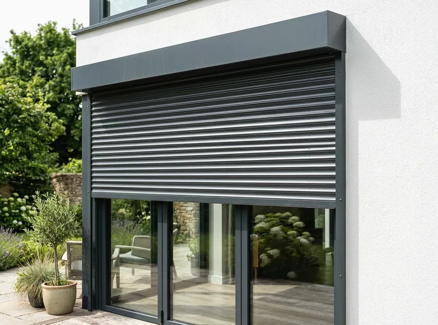 External aluminium roller shutter part-lowered over glazed doors on the outside of a house