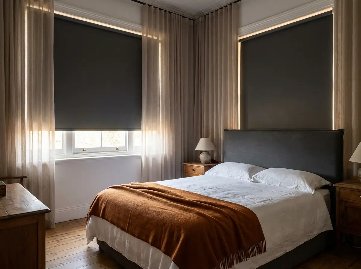 Blockout roller blinds and sheer curtains in a Parkhurst cottage bedroom with wooden floors