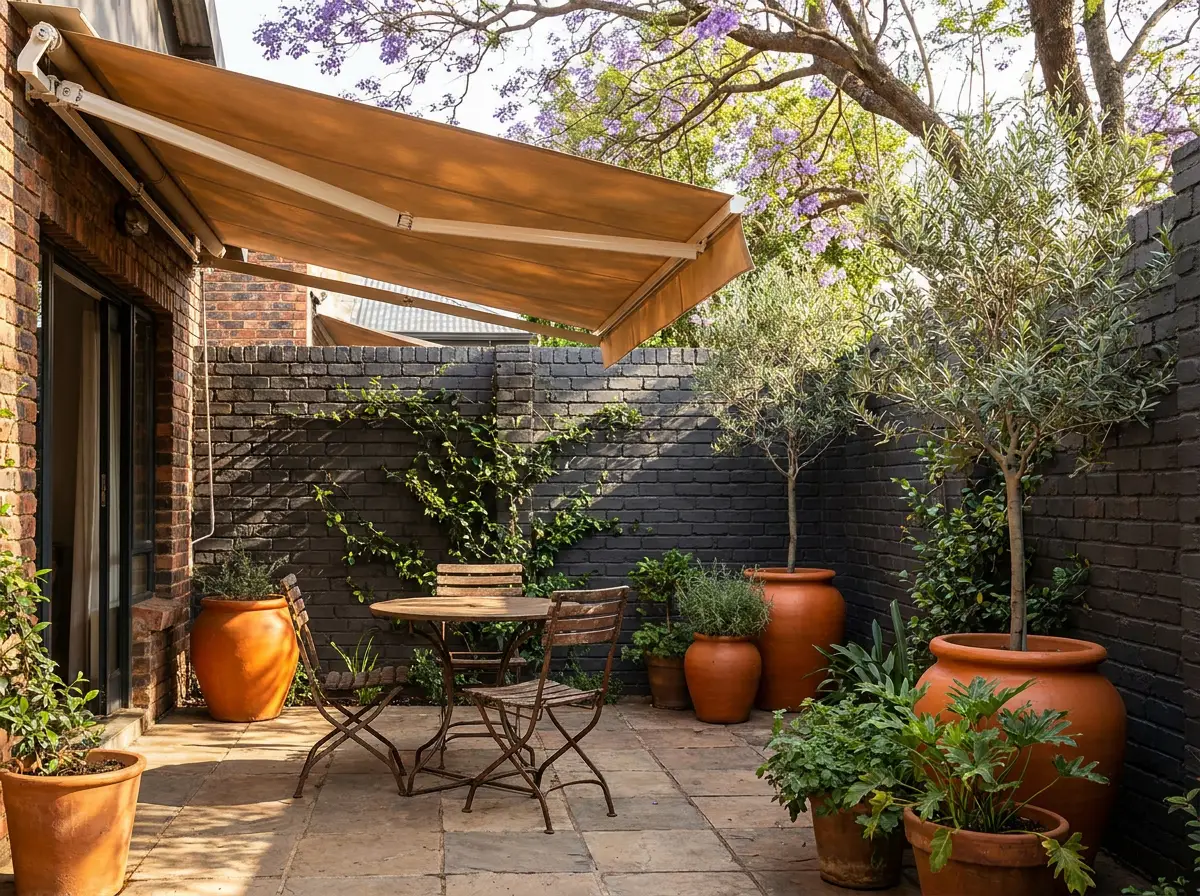 Folding-arm awning shading a small paved Parkhurst courtyard with potted olive trees