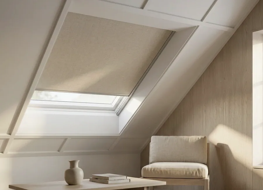 Skylight blind fitted to a raked ceiling roof window in a renovated loft room