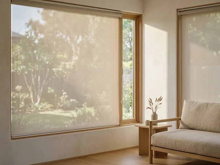 Sunscreen roller blinds filtering afternoon light across a garden-facing window in a Parkhurst home