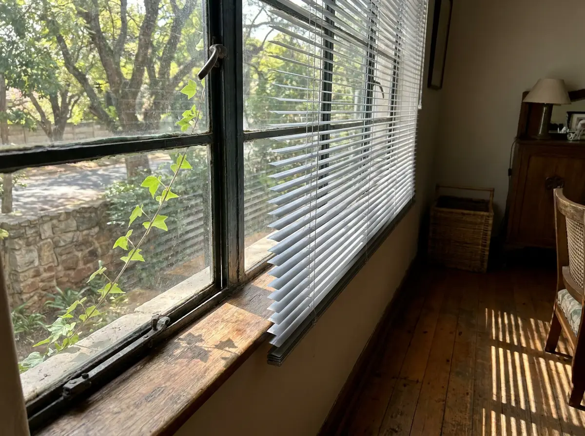 Slim aluminium venetian blind fitted inside a steel-framed window in a 1940s Parkhurst cottage