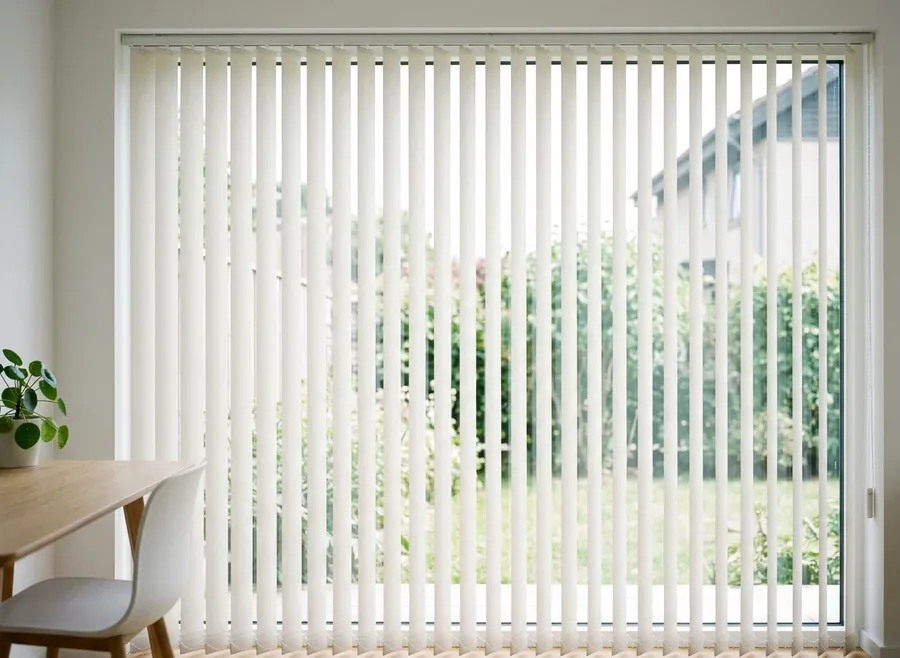 Vertical blind vanes drawn across a wide garden-facing sliding door